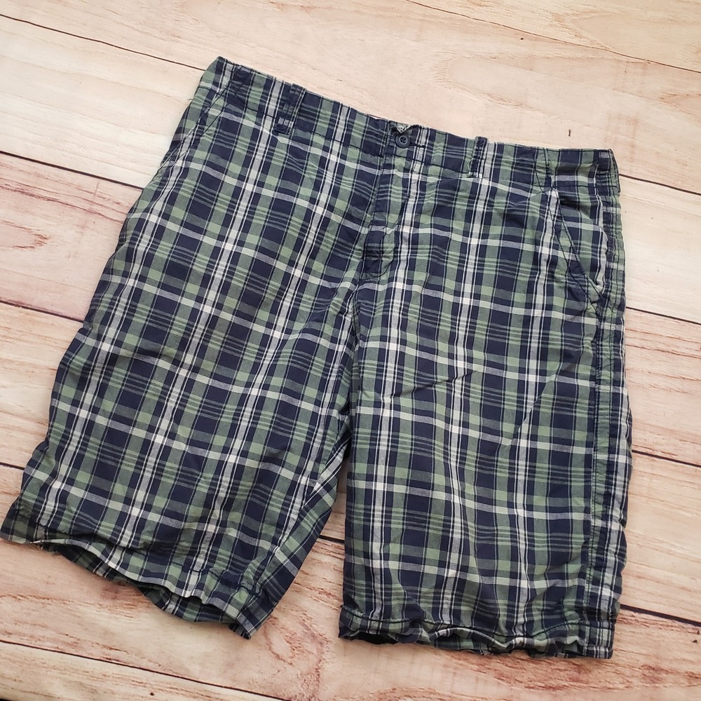 Old Navy Shorts Mens 36 Green‎ Navy Blue Plaid Cotton Casual Flat Front Summer